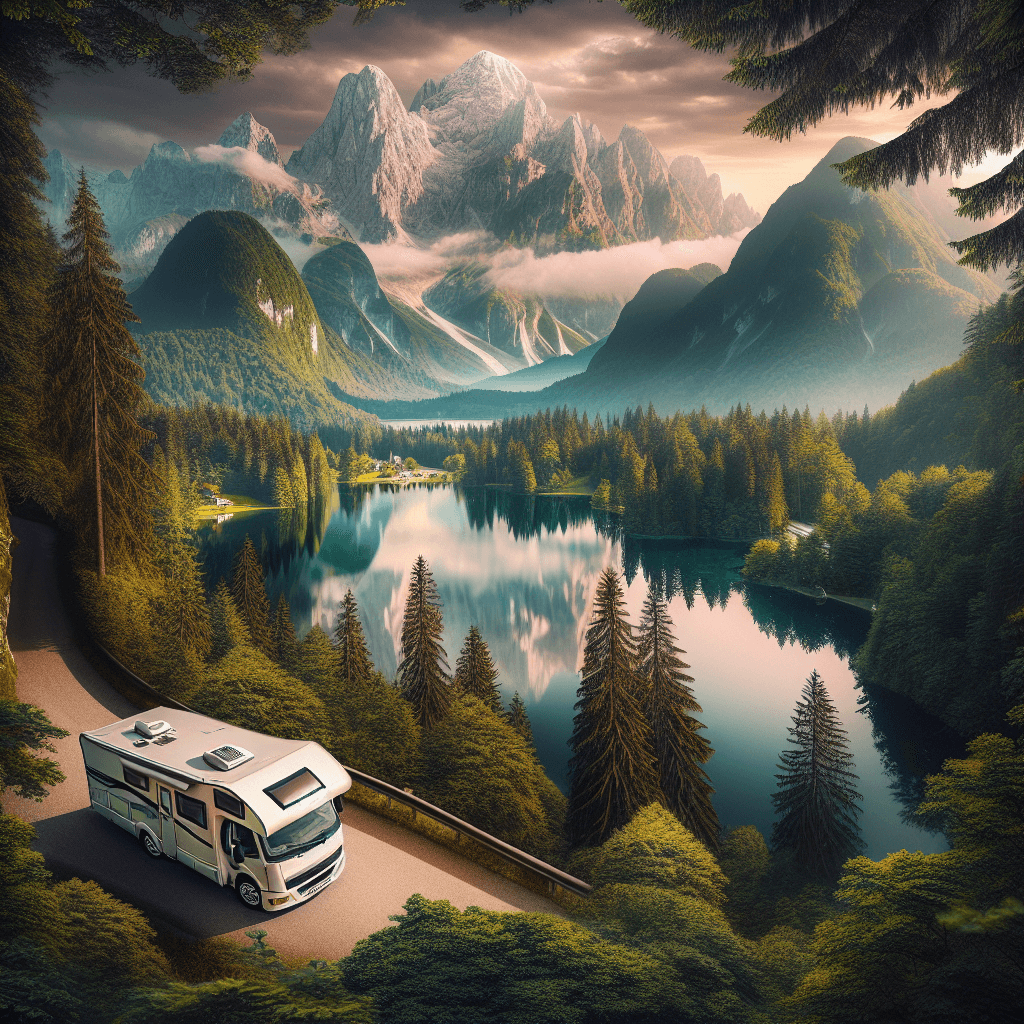 Camper amidst Slovenian forest, by tranquil lake, with Julian Alps backdrop