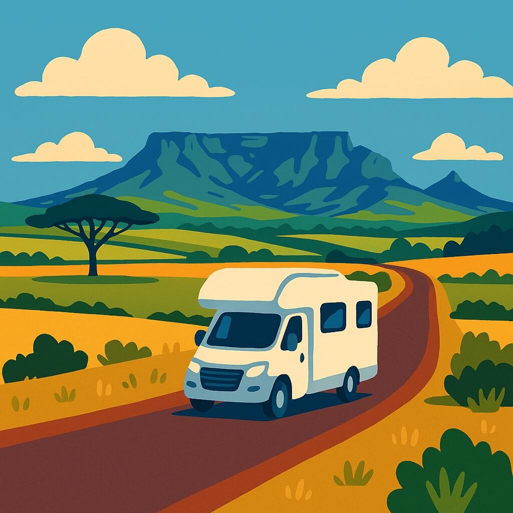 Rental motorhome cruising South Africa savanna under flat-topped mountain