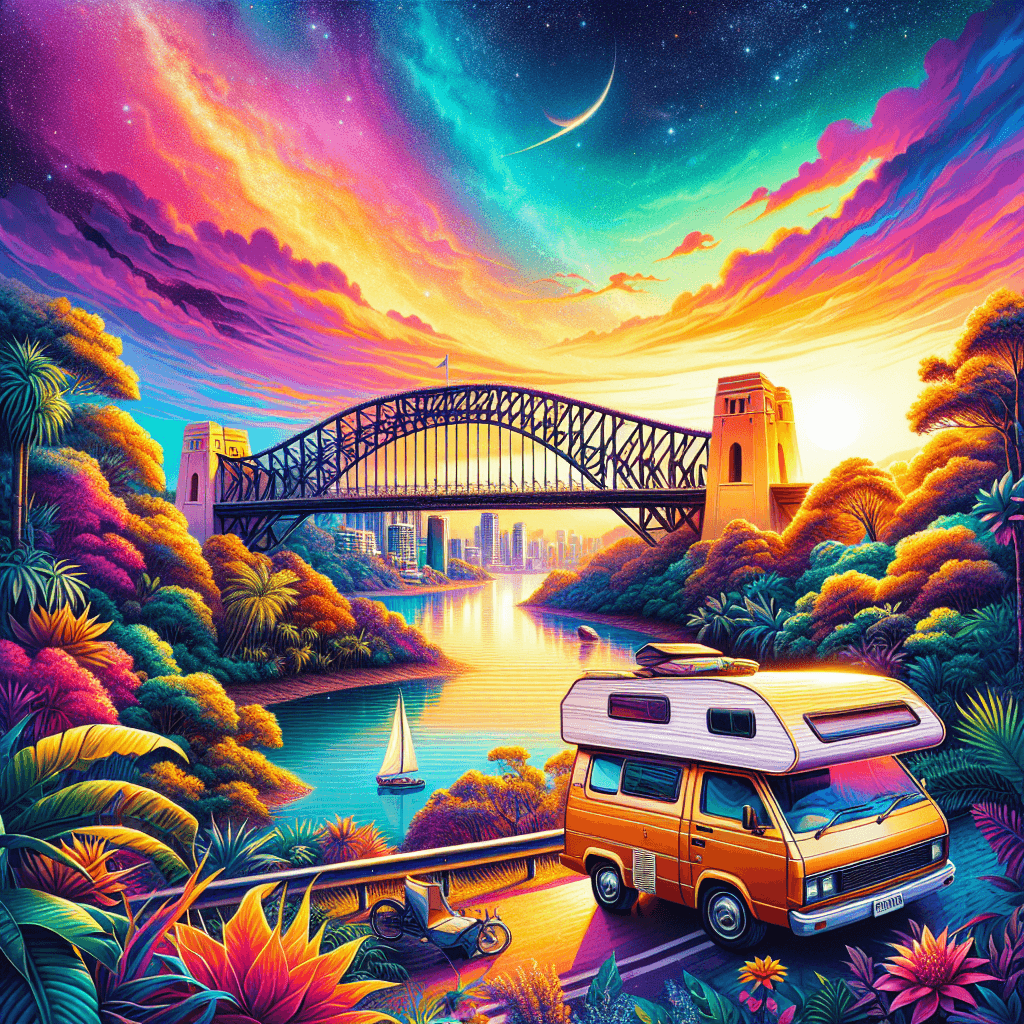 Campervan near Brisbane River with Story Bridge and subtropical sunset
