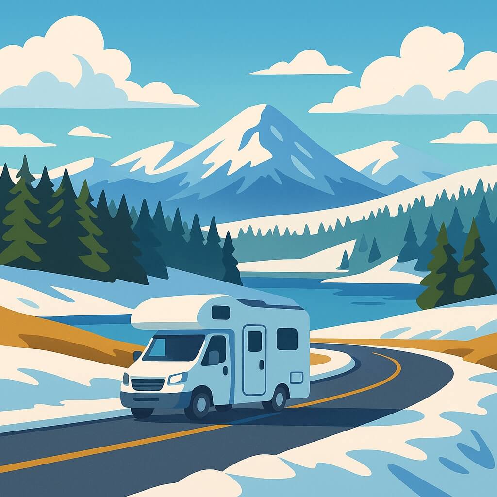 Autocaravana en paisaje invernal junto a lago y montañas en Suecia.