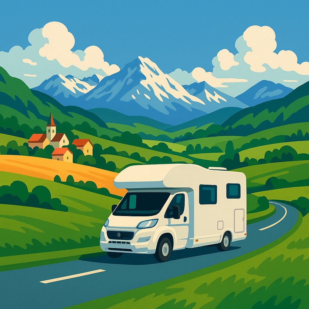 Autocaravana en Suiza, en una ruta alpina panorámica por valles verdes