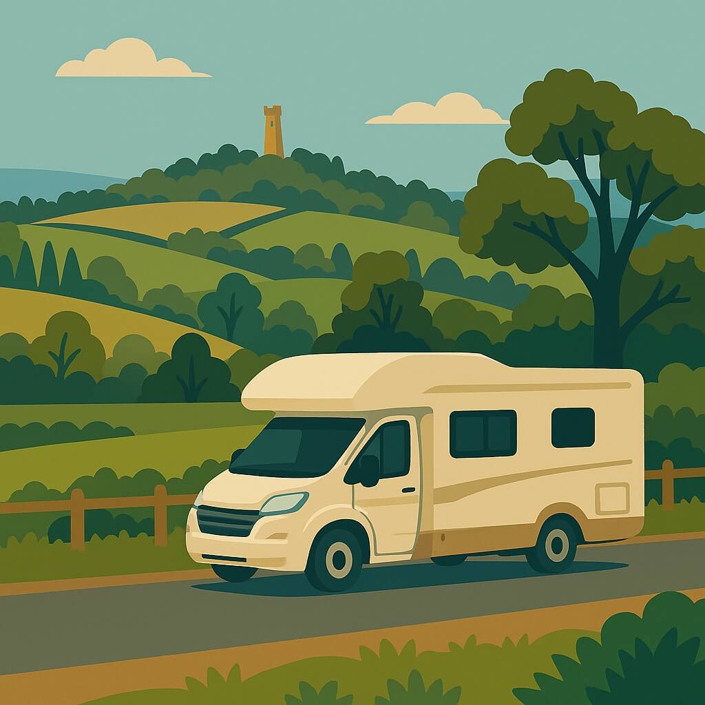 Campervan in Surrey cruising a country lane through the rolling North Downs.