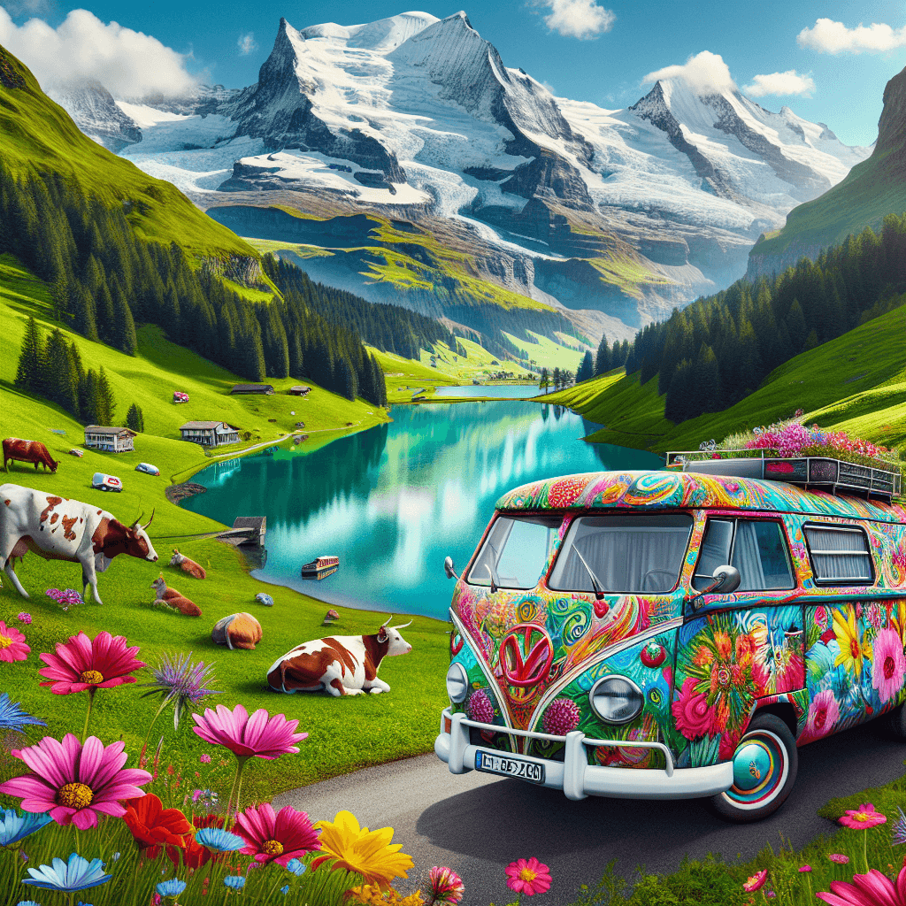 colourful campervan near turquoise lake, Swiss cows and wildflowers