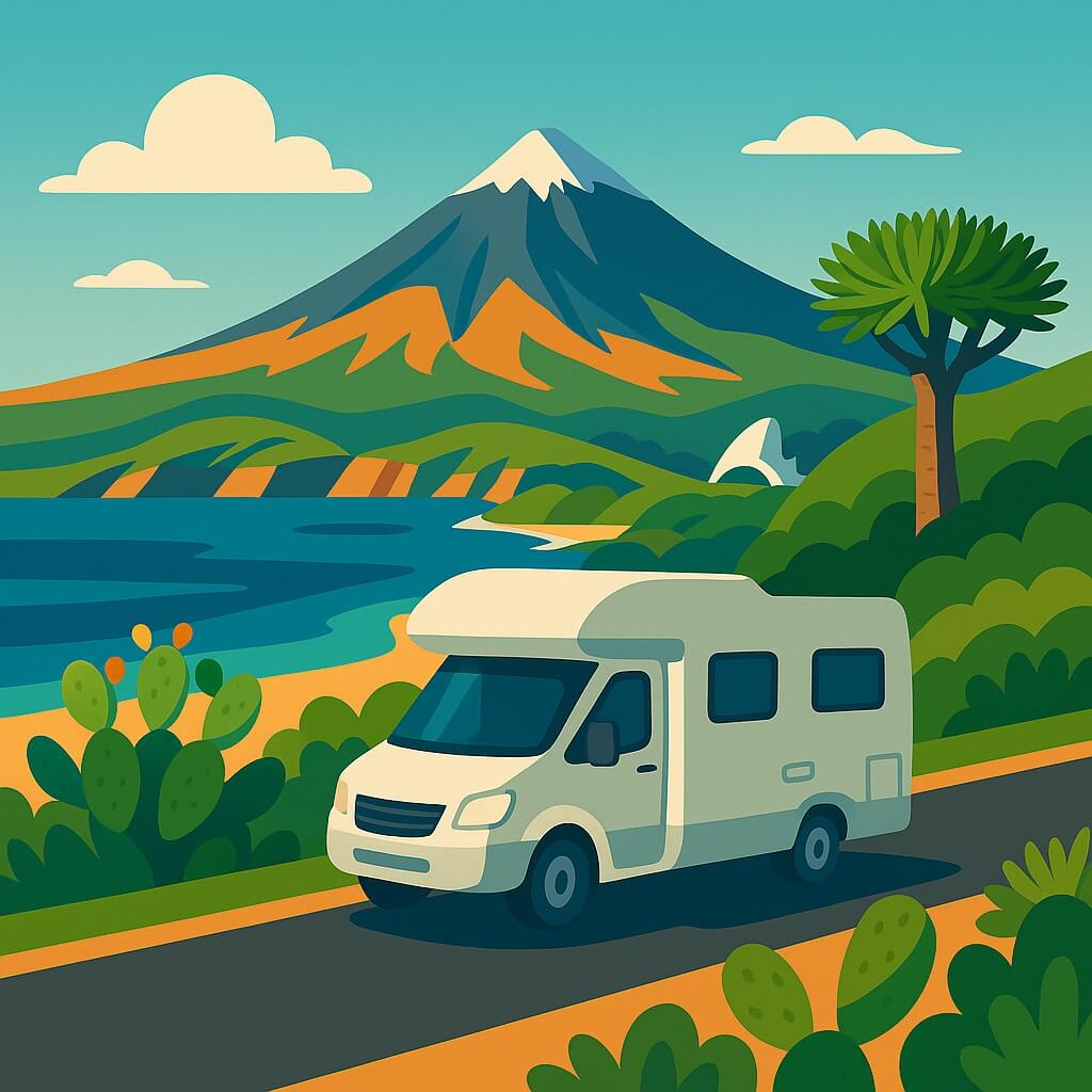 Wohnmobil fährt an Teneriffas Küste mit Blick auf den Teide.