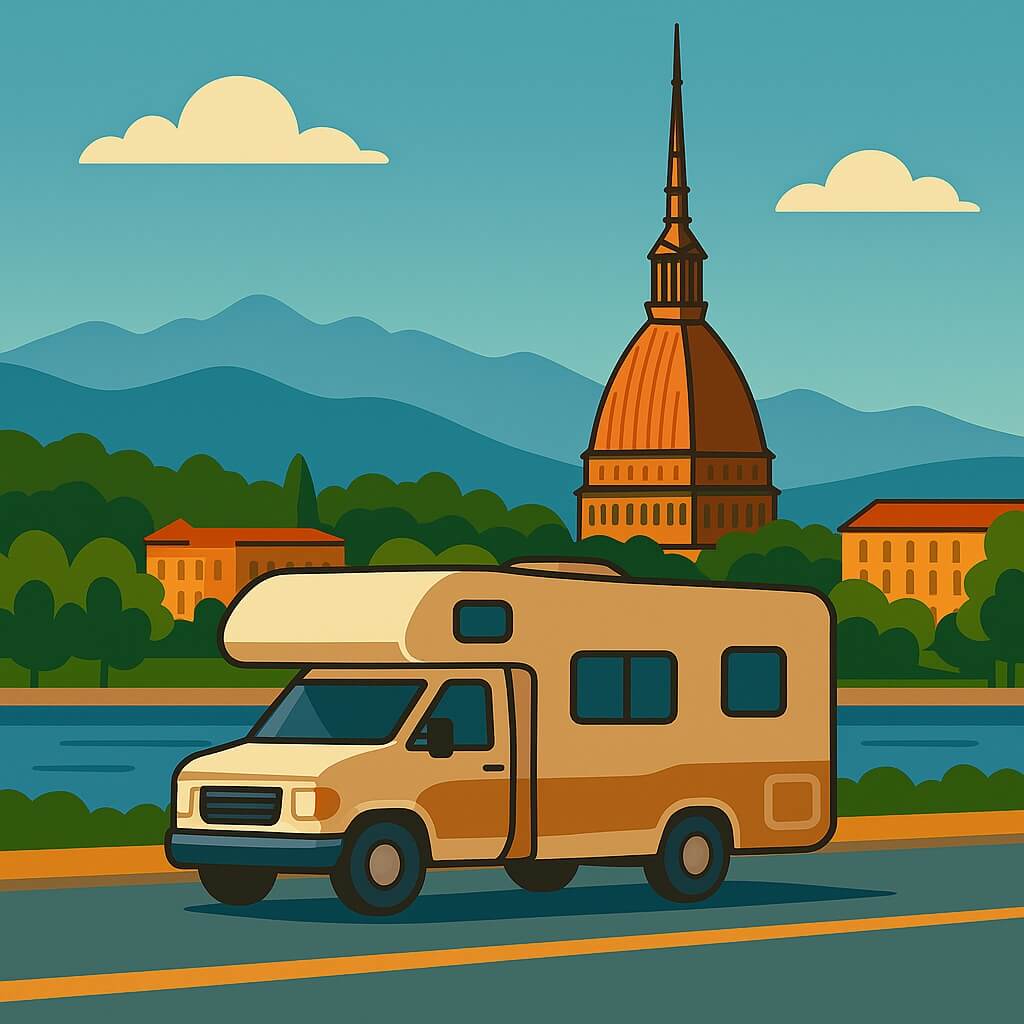 Camper che percorre il lungofiume davanti alla Mole Antonelliana e alle Alpi sullo sfondo, Torino.