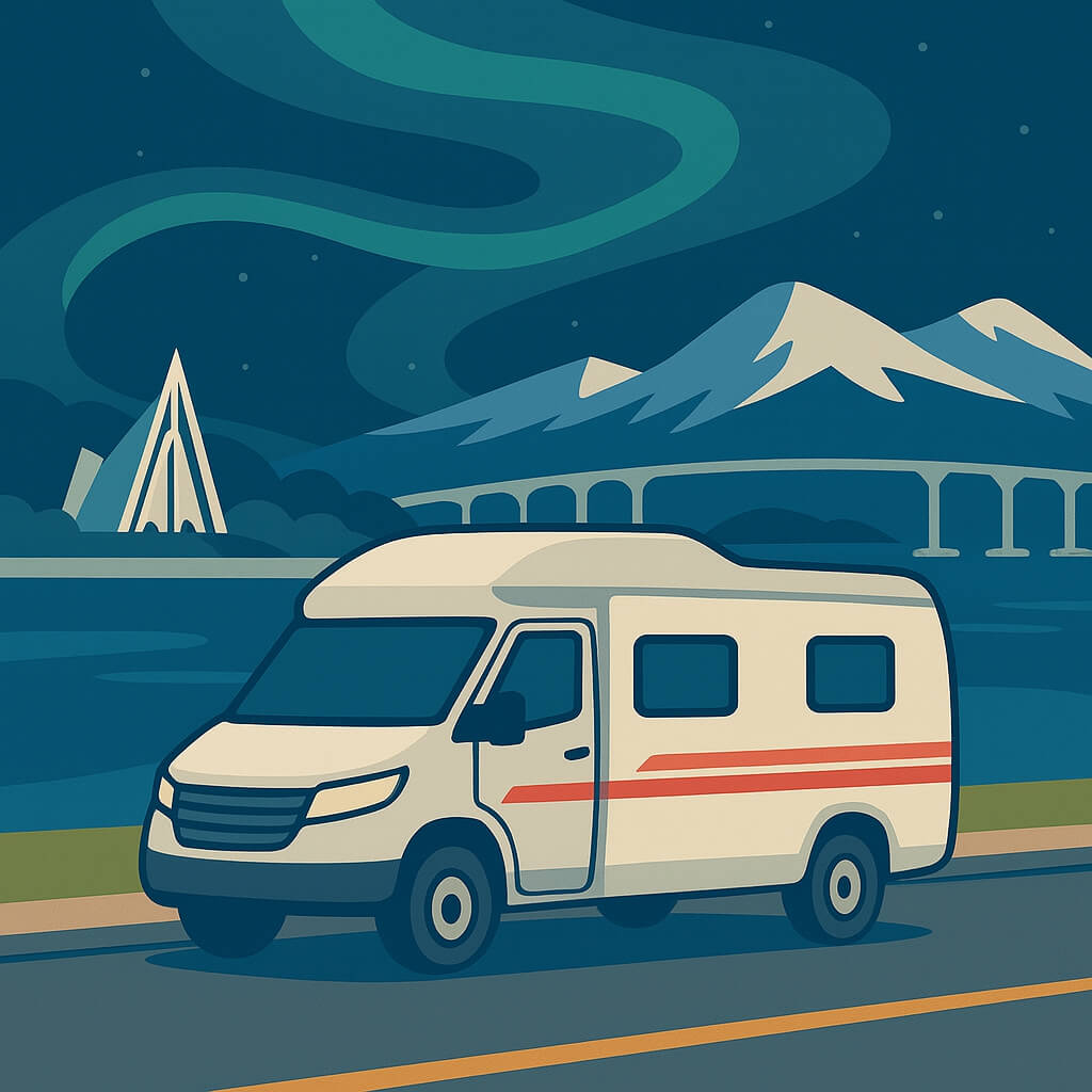 Campervan parked by the Arctic Cathedral while the Northern Lights swirl above Tromsø, Norway