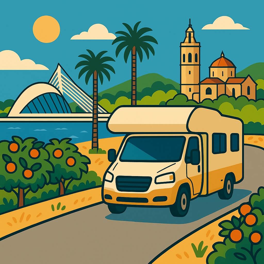 Camper tra gli aranceti diretto a Valencia, Spagna, con ponte avveniristico e campanile sullo sfondo.