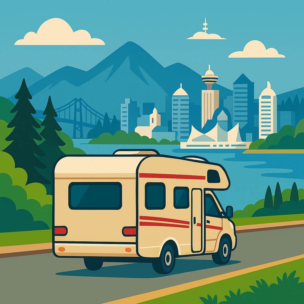 Camping-car longe la baie de Vancouver, Canada, entre pont et gratte-ciel.