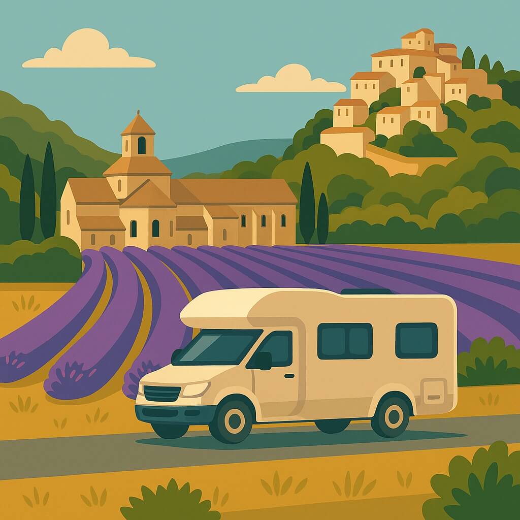 Camping-car traversant les rangs de lavande pourpre devant l’abbaye de Sénanque et un village perché, Vaucluse, Prov