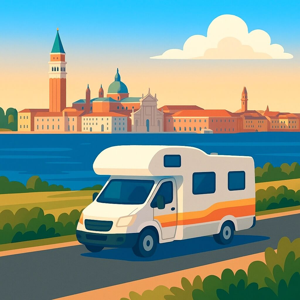Rental motorhome cruising Venice lagoon in Italy.