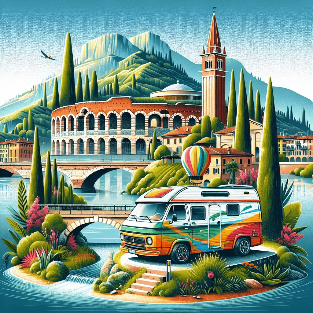 Colourful campervan overlooking Verona cityscape and Adige River