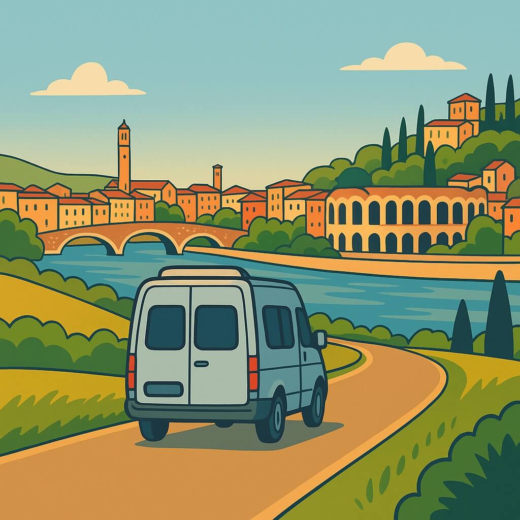 Motorhome follows River Adige toward Verona, Italy.