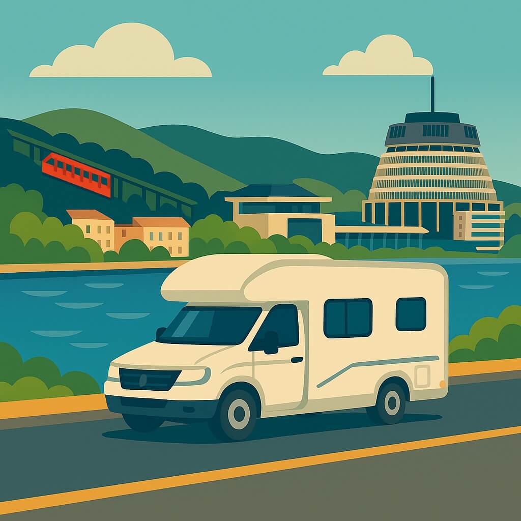 Wohnmobil am Hafen von Wellington mit Blick auf das „Beehive” und die rote Standseilbahn, Neuseeland.