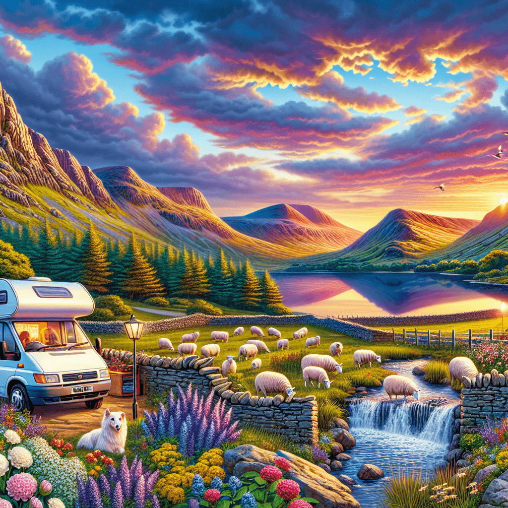 Camper lakeside with backdrop of mountain, sheep and waterfalls