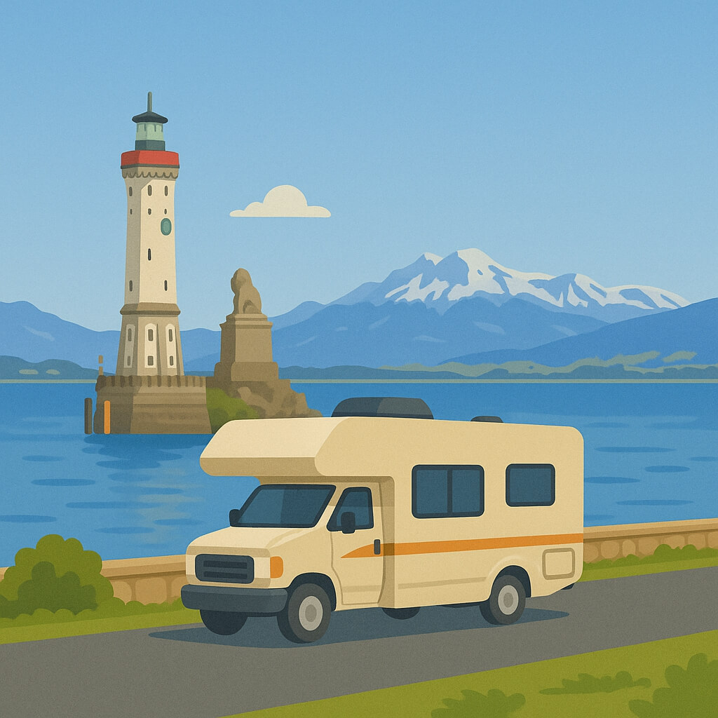 Wohnmobil am Bodensee mit Leuchtturm