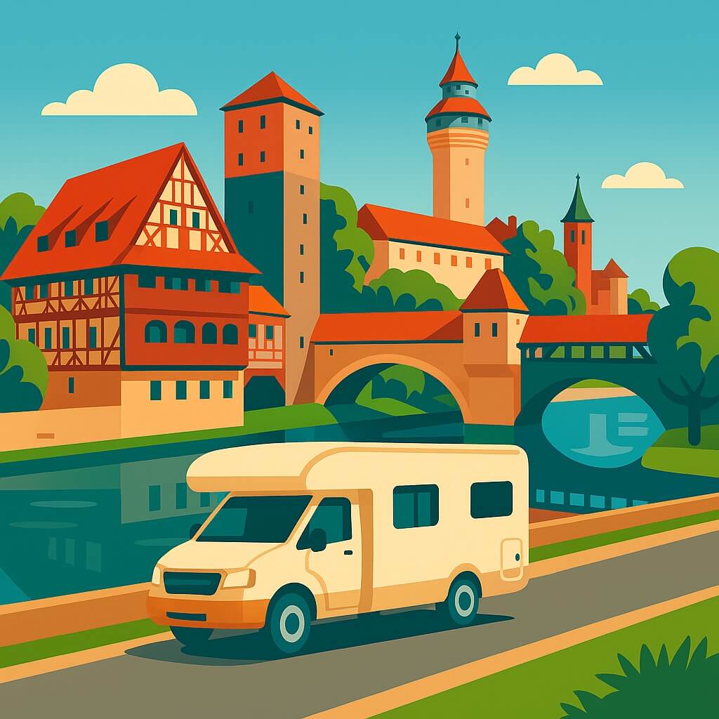 Wohnmobil vor Nürnberger Altstadt und Fluss