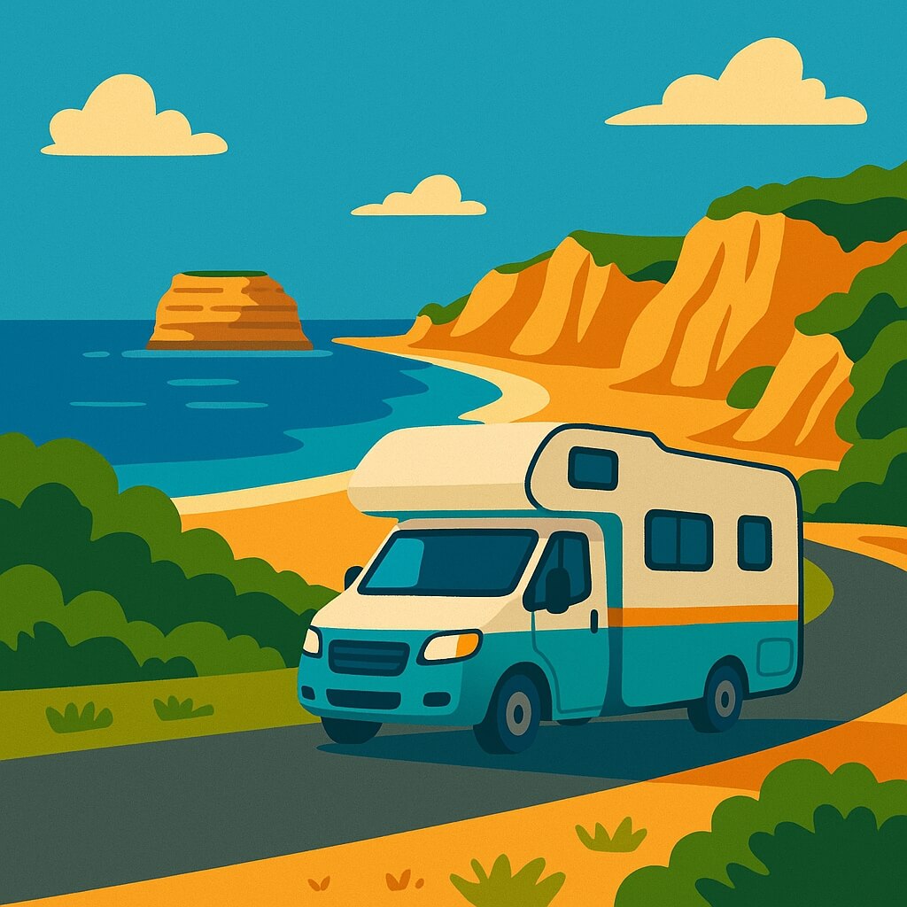 Wohnmobil fährt Küstenstraße unter steilen Klippen im Algarve, Portugal.
