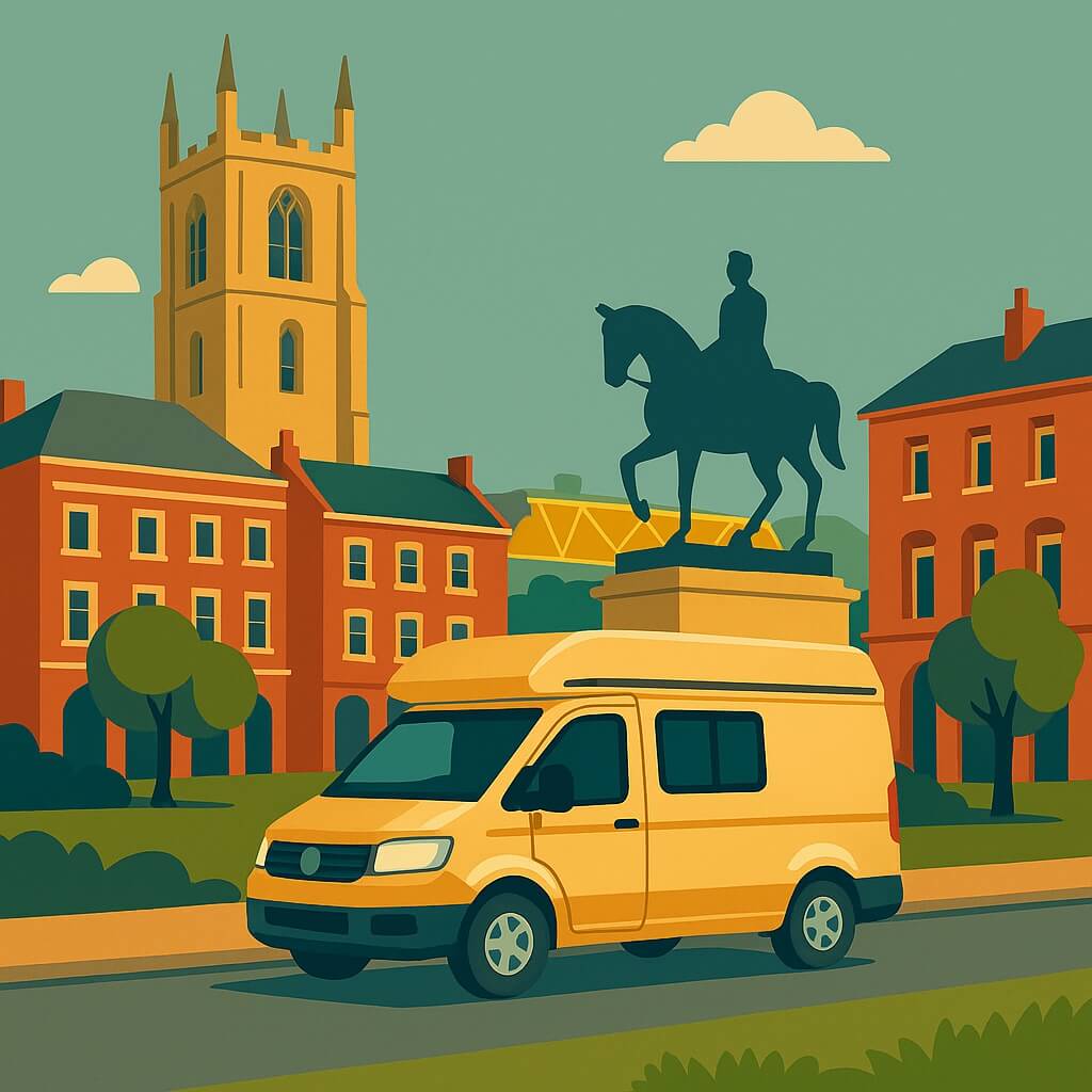 Campervan in Wolverhampton by Prince Albert statue in Queen Square with St Peter’s Collegiate Church tower.