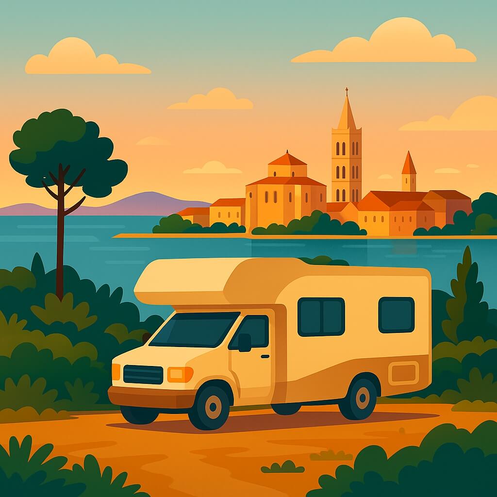 Campervan in Zadar at sunset on the Adriatic by the circular Church of St Donatus and Zadar Cathedral bell tower.