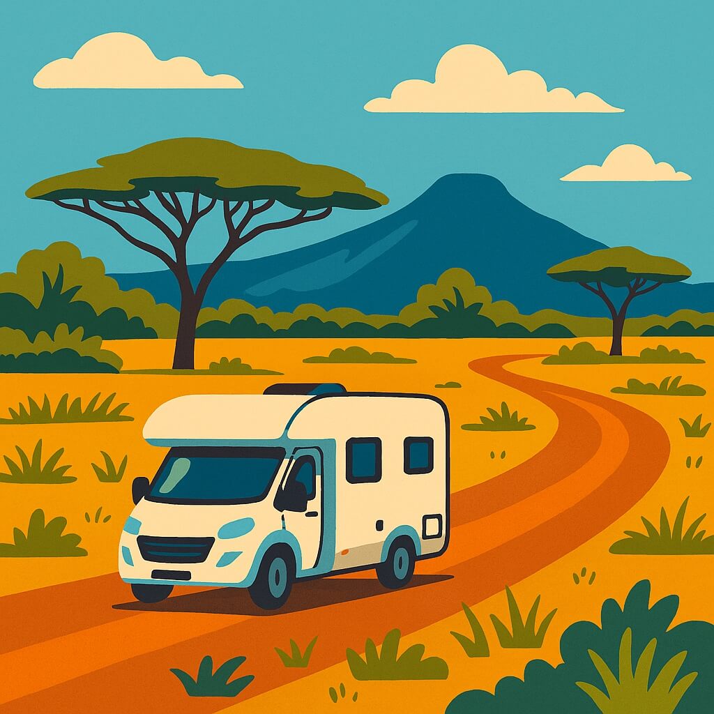 Motorhome rental cruising Zambia savanna toward distant volcanic mesa