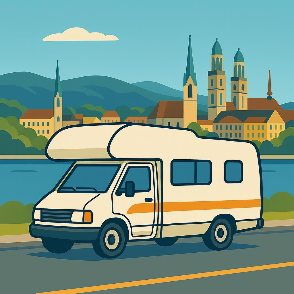 Campervan on the shore of Lake Zurich with the Grossmünster towers and Fraumünster spire, Zurich, Switzerland.